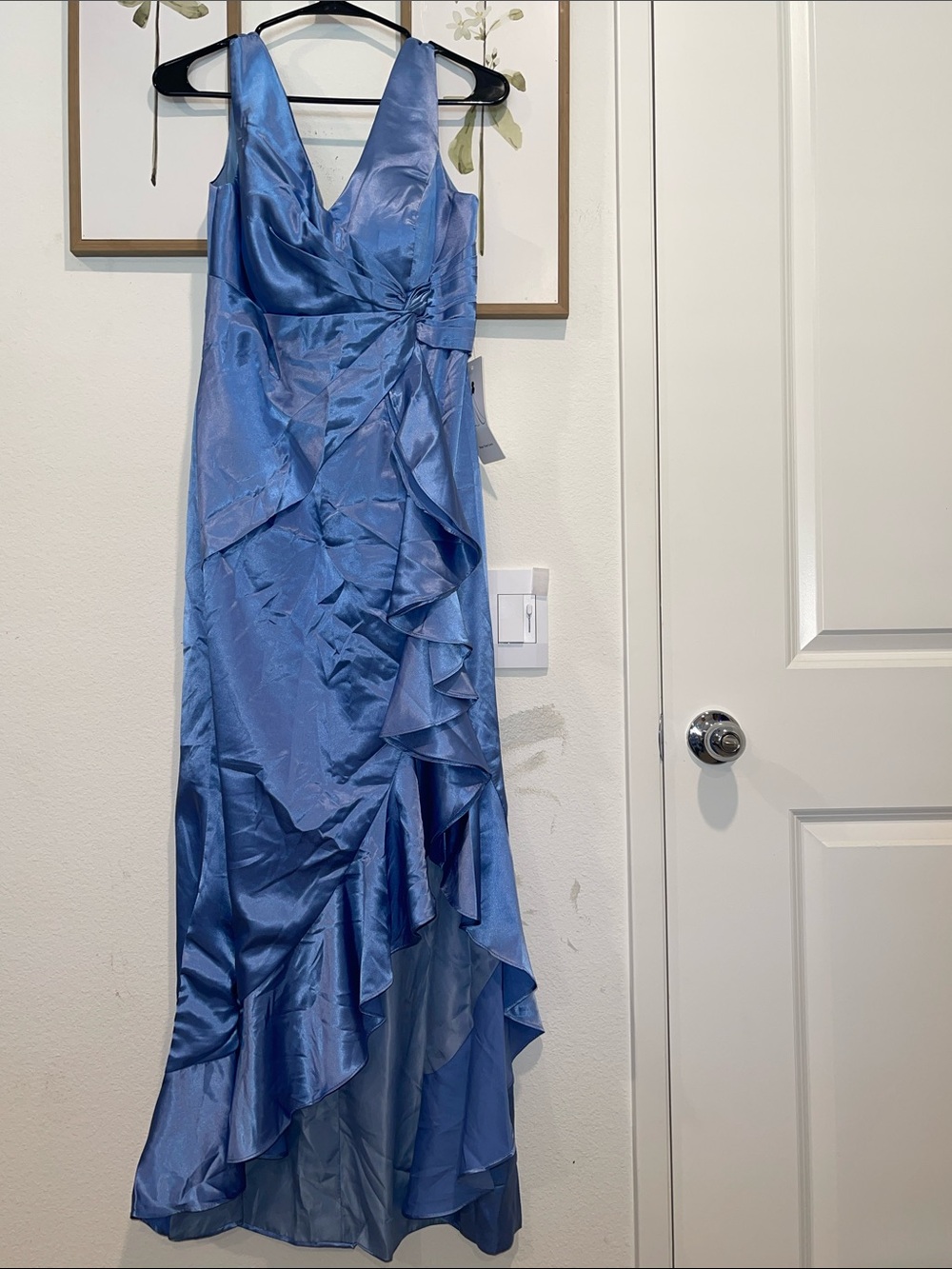 Blue Satin Ruffled V-Neck Evening Gown